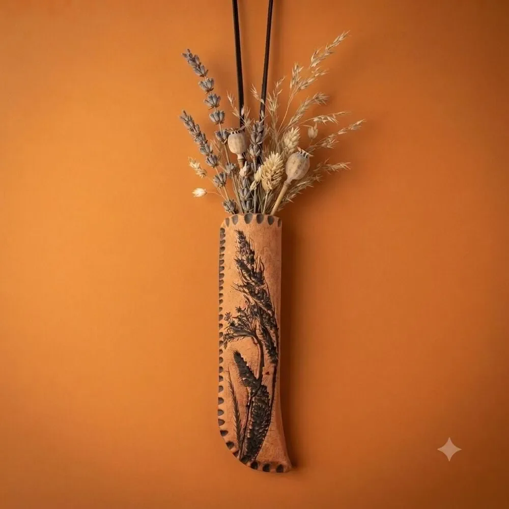 Handcrafted Ceramic Wall Pocket Vase Botanical Wildflower Relief Iowa Artisan